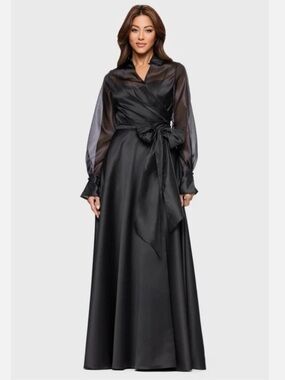 Xscape Evenings Luanne Organza Long Sleeve Satin Black Ball Gown Dress